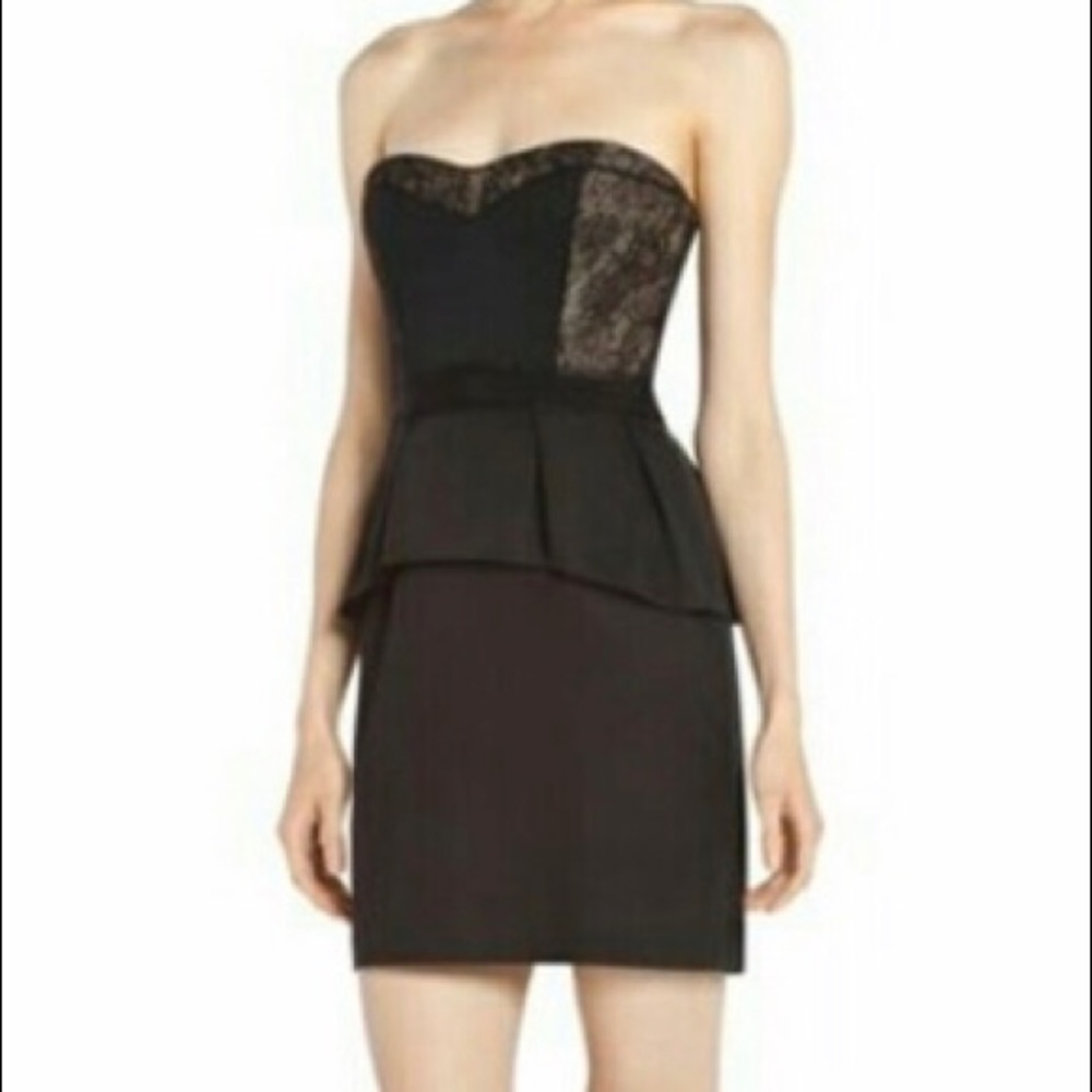 BCBG Strapless, lace detail, peplum, black dress